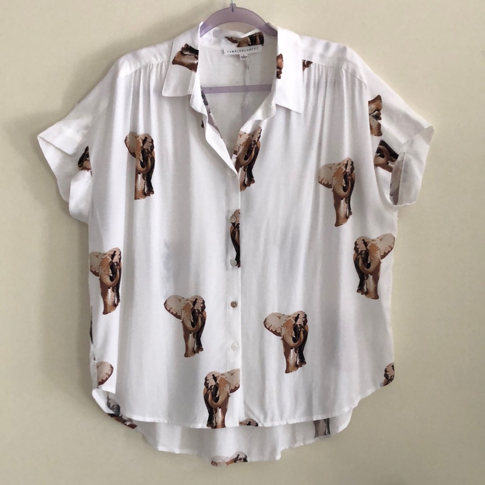Jane & Delancey Rayon Elephant Print Button Down Shirt Blouse Top